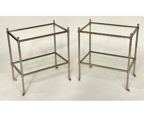 LAMP TABLES, a pair, nickel framed each with two tiers and bevelled glass, 52cm x 32cm x 60cm H. (2) 