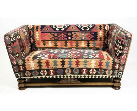 SOFA, 75cm H x 151cm x 80cm, Jacobean style oak in kilim upholstery. 