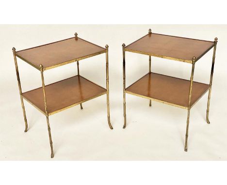 LAMP TABLES/ETAGERES, a pair, 1970s gilt metal framed each with two mid brown leather shelves, 36cm x 46cm x 62cm H. (2) 