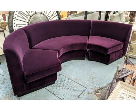 JUSTIN VAN BREDA SOFA, arched sectional design, purple velvet upholstered, 280cm W. 