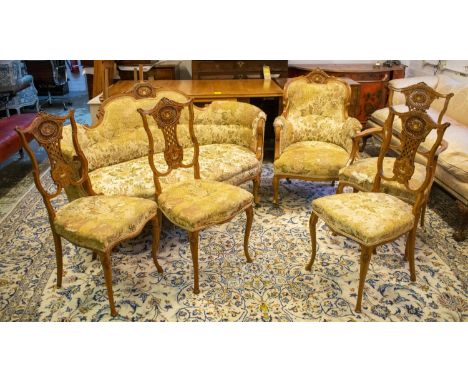 SALON SUITE, circa 1890, maple and marquetry, comprising a sofa 91cm H x 150cm W, armchair 95cm H x 65cm W, open armchair 97c