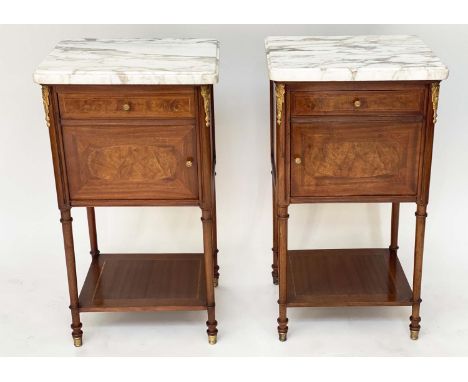 LAMP TABLES, a pair, 19th century French Napoleon III burr walnut and marquetry gilt metal mounted each with drawer and door,
