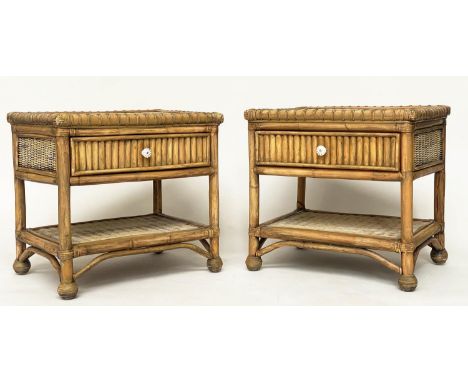 BAMBOO SIDE/LAMP TABLES, a pair, cane bound with wicker woven shelves and drawer, 63cm W x 49cm D x 61cm H. (2) 