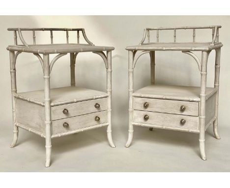 LAMP TABLE ETAGERES, a pair, Regency style faux bamboo and grey painted each with two tiers, two drawers and swept supports, 