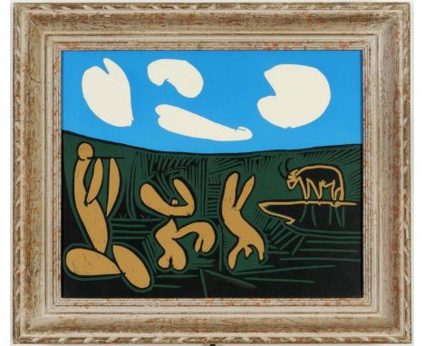 PABLO PICASSO, Bacchanal with four clouds, linocut, 1962, suite: Linogravures French vintage Montparnasse frame, 27cm x 32.5c