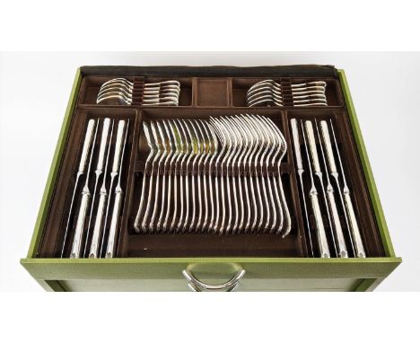 A CHRISTOFLE IMPERIAL CANTEEN OF CUTLERY, Silver plate, fitted in a green canteen box, comprising 12 dinner knives, 12 dinner