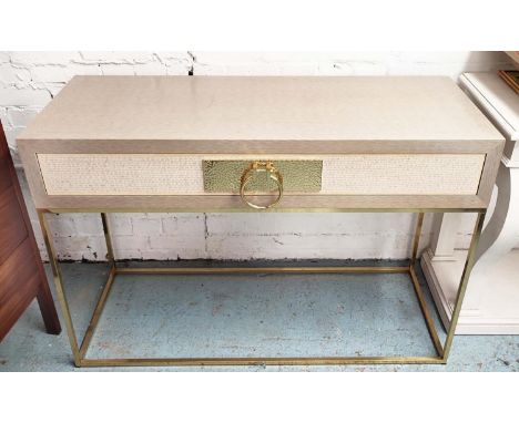 SOFA &amp; CHAIR COMPANY SOLAIRE CONSOLE TABLE, with a drawer, gilt metal handle and base, 120cm x 45cm x 80.5cm. 