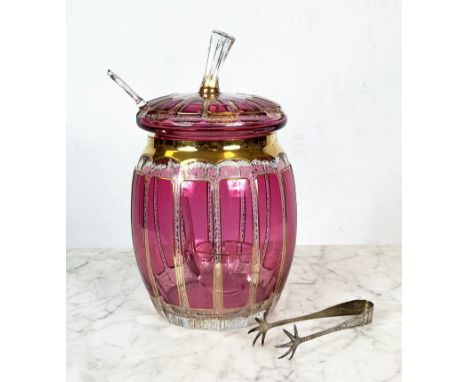 BOHEMIA CZECH PUNCH BOWL AND LADLE, cranberry and gilt cut glass along with silver ice tongs, approx 2oz - 35cm H. (3) 