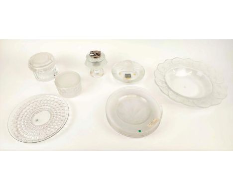 COLLECTION OF LALIQUE GLASS, comprising a Hornflower dish, a frosted glass ashtray with box, a frosted glass table lighter, t