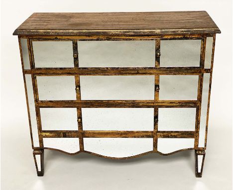 COMMODE, Venetian style mirror clad with three long drawers and tapering supports, 102cm W x 89cm H x 39cm D. 