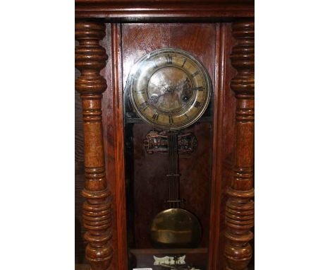 EARLY 20TH CENTURY MAHOGANY REGULATOR WALL CLOCK 
with Roman dial and five rod pendulum, plaque to interior 'Radium-Gong', wi