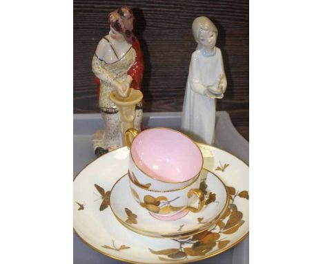 TWO EARLY MINTON GILT DETAIL TEA CUPS AND SAUCERS WITH MATCHING PLATE
with foliate gilt design on white ground; together with