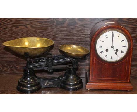 MAHOGANY INLAID MANTEL CLOCK AND VINTAGE SCALES