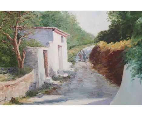 CONTINENTAL SCHOOL (20TH CENTURY),
STROLLING DOWN THE PATH
oil on canvas, signed indistinctly (R. Sastr?)
image size:  37cm x