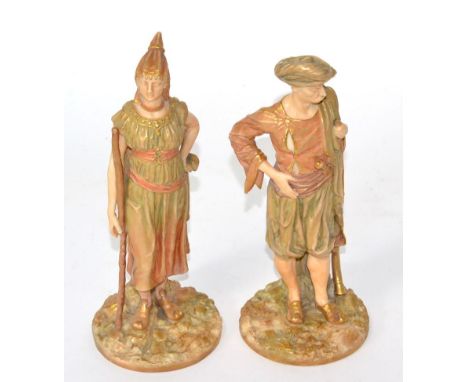 A pair of Royal Worcester figures modelled as Bringaree Indians, puce printed marks to base including 1243 shape numbers and 