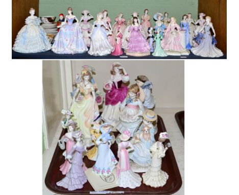 Thirty five assorted Coalport figures together with Coalport and other plates and tea wares (one shelf and one tray)