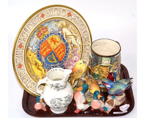 A group of 20th century ceramics including a Beswick tankard, a Royal Worcester bicentenary jug, two royal Worcester bird mod