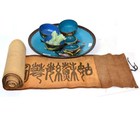 A cloisonne charger, five various cloisonne bowls and a green hardstone carving of two boys, together with a Chinese silk scr