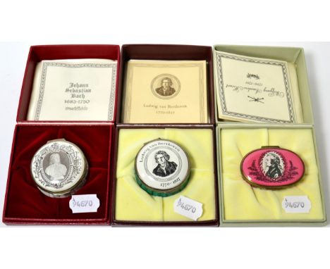 Three Halcyon Days enamel boxes ''Great Composers'', all boxed with certificates, limited editions 