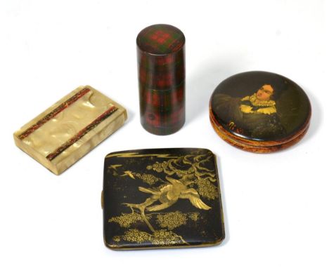 A tartan ware needle case marked ''Robertson''; a Japanese cigarette case; snuff box and a mother of pearl card case (4) 