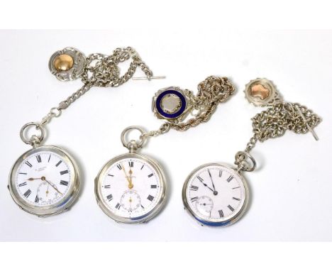 Three silver open faced pocket watches, signed H Stone, Leeds, Waltham, Mass and Harris Stone, Leeds, cases with two Birmingh