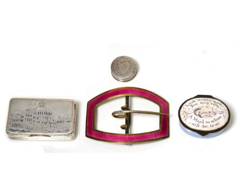 A silver and pink enamel buckle, Deakin & Francis, Birmingham 1910; a George III patch box, John Thornton, Birmingham 1799; a