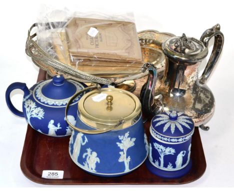 A Wedgwood Jasperware biscuit barrel, teapot and lidded pot; together with silver plated wares and cigarette cards (qty)