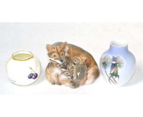 A Royal Worcester fruit painted vase, signed Moybury; Royal Copenhagen arctic foxes; and a Royal Copenhagen vase (3) 