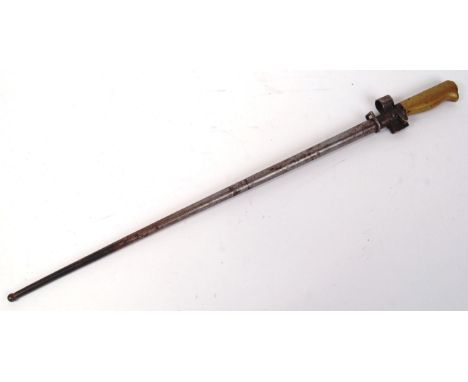 A WWI First World War 1886 pattern French Lebel bayonet. Cross blade, with scabbard. Marked 'JC' to blade. Approx 65cm long.