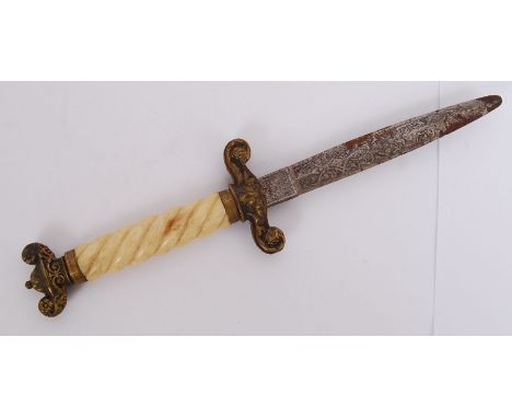 A late 19th / early 20th century bone handled patterned blade Spanish dagger. Crown to top of the handle. Markings worn, but 