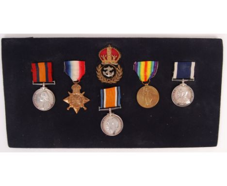 A good WWI First World War Naval medal group. Issued to a Private EW Day 287300, Ch.Sto. (Chief Stoker). Comprising of; Victo