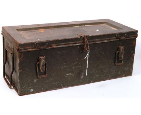 An original vintage military metal tool/ ammunition box with inner tray and side handles. Marked 'VM46'. Measures approx 53cm
