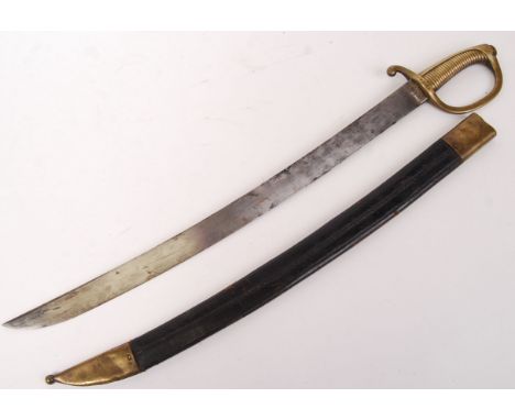 A 19th century French Briquet rifle bayonet. Brass handle, with scabbard. Marked with an 'F' within a shield, and 1443 to hil