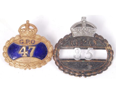 Two original 1940's General Post Office Royal Mail cap badges. 'GPO 85' & 'GPO 47'. Both with enamel decoration.