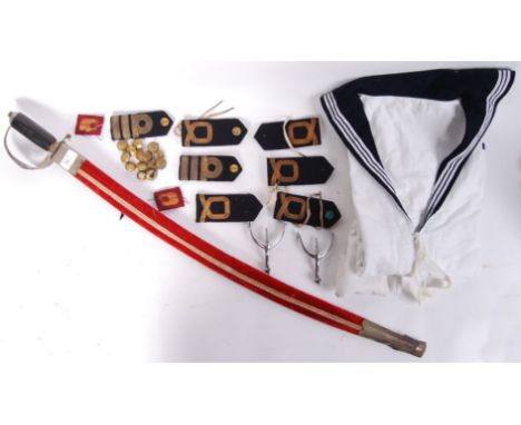 A collection of assorted military to include; Indian Sword with red velvet topped scabbard, naval epaulettes, spurs, buttons 