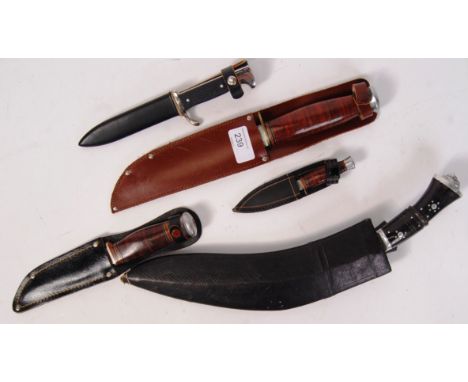 A collection of 5x assorted vintage hunting knives. All with leather scabbards, to include; Arcade Tool Shop, Bristol, RJ Ric