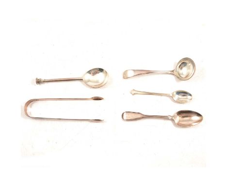 Five William IV silver teaspoons, William Johnson, London 1833, fiddle pattern handles, reproduction seal-top spoon; sauce la
