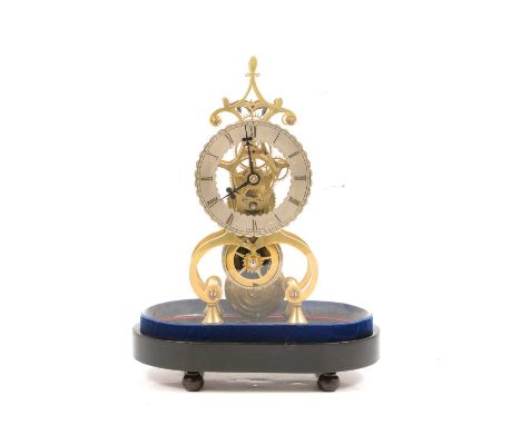 Thomas Lees, Bury, a skeleton clock, silvered chapter-ring, fusee movement, under a glass dome, with an ebonised plinth, 38cm