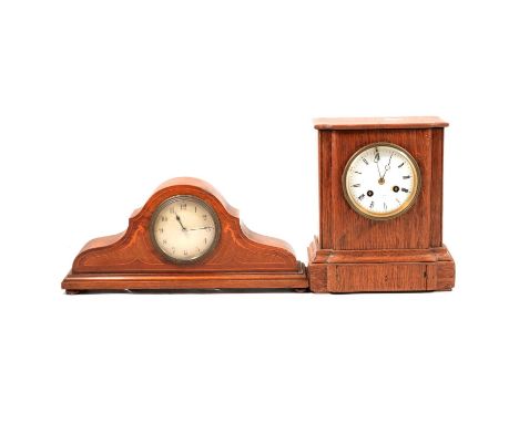 Edwardian inlaid mahogany mantel clock, engine turned dial, cylinder timepiece movement, 35cm, and an oak cased mantel clock.