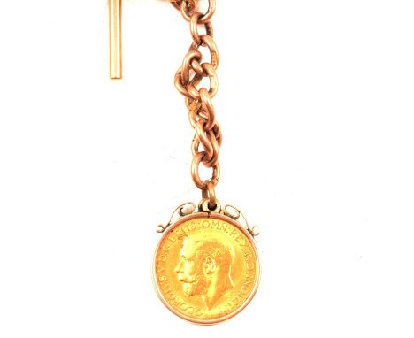 George V gold Sovereign coin, 1913, in a yellow metal coin mount stamped 9ct, on a 9ct gold watch chain with 9ct gold T-bar, 