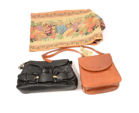 Handbags, including a "Fendi" black leather bag, other bags, machine tapestry, and records.