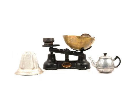 Collection of vintage kitchen and cooking wares, including large set of Avery platform scales, other scales, rolling pin, mix