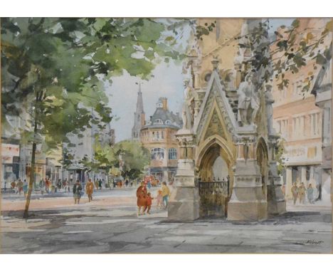 James Kibart,Leicester scenes,four watercolours, signed,31x44cm.Qty: 4Condition report:Fountain by town hall, base of clock t