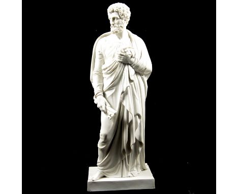 Copenhagen parian figure, St Peter, holding the Keys of Heaven, blue three line mark and stamped Eneret, 33cm.Condition repor