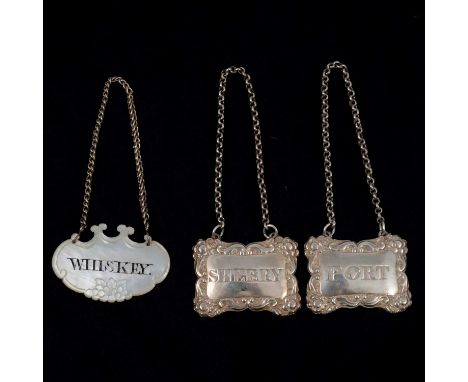 Pair of Scottish silver decanter labels, William Marshall, Edinburgh 1827, Sherry and Port within scrolling borders, 35x45mm,
