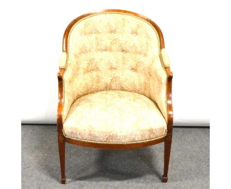 Edwardian easy chair, mahogany frame with stringing and fan inlay, hoop back, square tapering legs, machine made tapestry sty