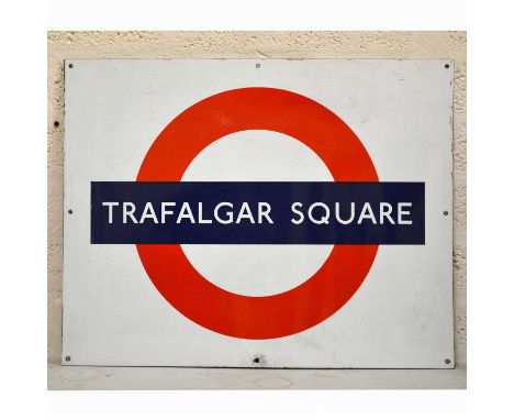 London Underground interest; an original enamel platform bullseye sign 'Trafalgar Square', c1950s/1960s, 56cm height 71cm len