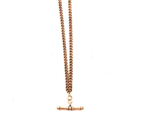 9 carat yellow gold double Albert watch chain, with two swivel catches, overall length 46cm, and a yellow metal T-bar, gross 