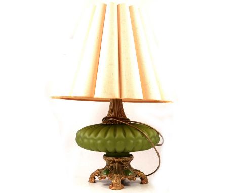 Victorian style gilt metal and green glass table lamp, with shade, height 61cm to fitment.