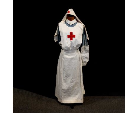 WWI Red Cross Nurse uniform, with head scarf, collar, apron, blue dress with over-sleeves.